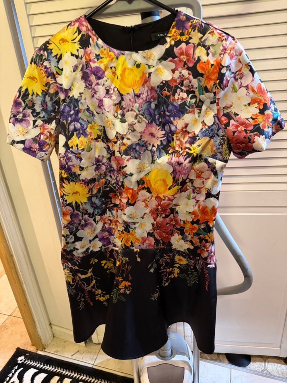 Aqua Black Floral Short-Sleeve Fit & Flare Dress